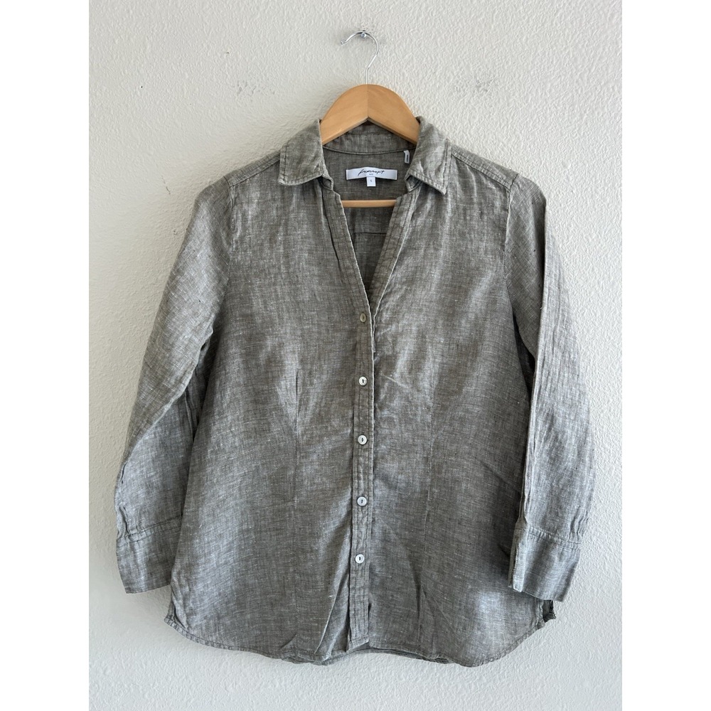 Foxcroft NYC Womens Small 100% Linen Button Down Shirt Taupe Heather Top Coastal